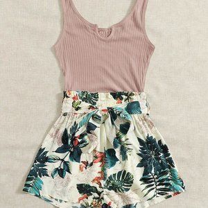Shein Tropical Print Paperbag Waist Belted Combo Tank Romper